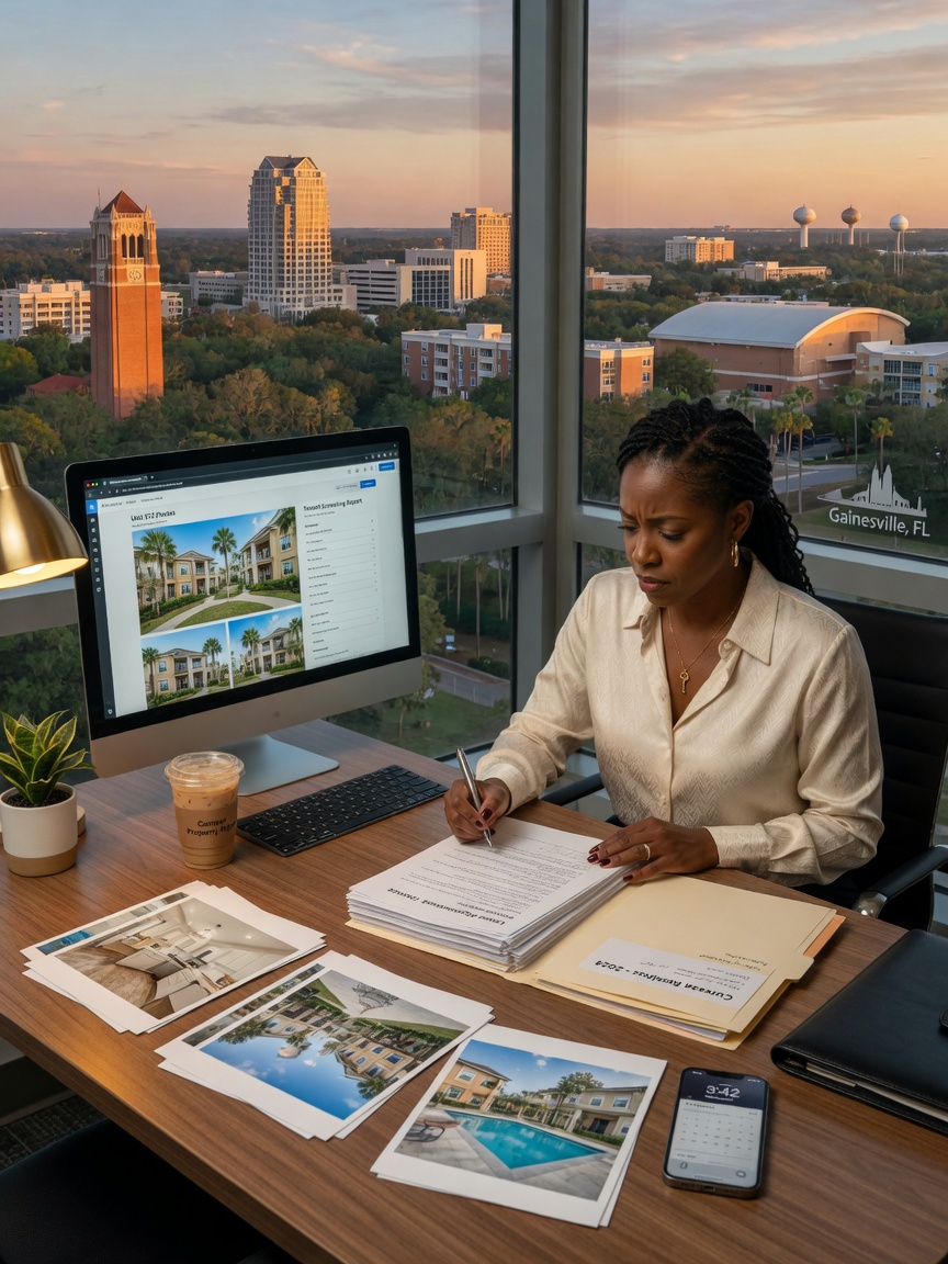 Ultra-realistic 8K image of a property management professional reviewing rental documents at a desk overlooking Gainesville skyline, focused expression, organized workspace with computer and property photos