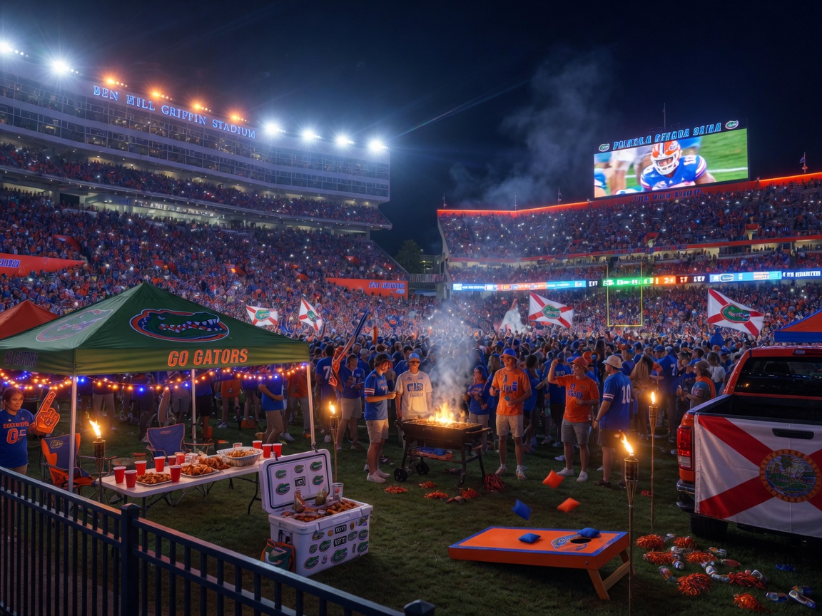 Ultra-realistic 8K night photograph of Ben Hill Griffin Stadium during a University of Florida football game, packed stands, bright lights, tailgating scene in foreground, dynamic atmosphere