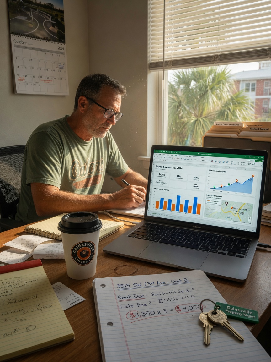 Ultra-realistic 8K image of a Gainesville property owner calculating finances on laptop with rental income charts on screen, coffee cup, notebook with property address, morning light through window