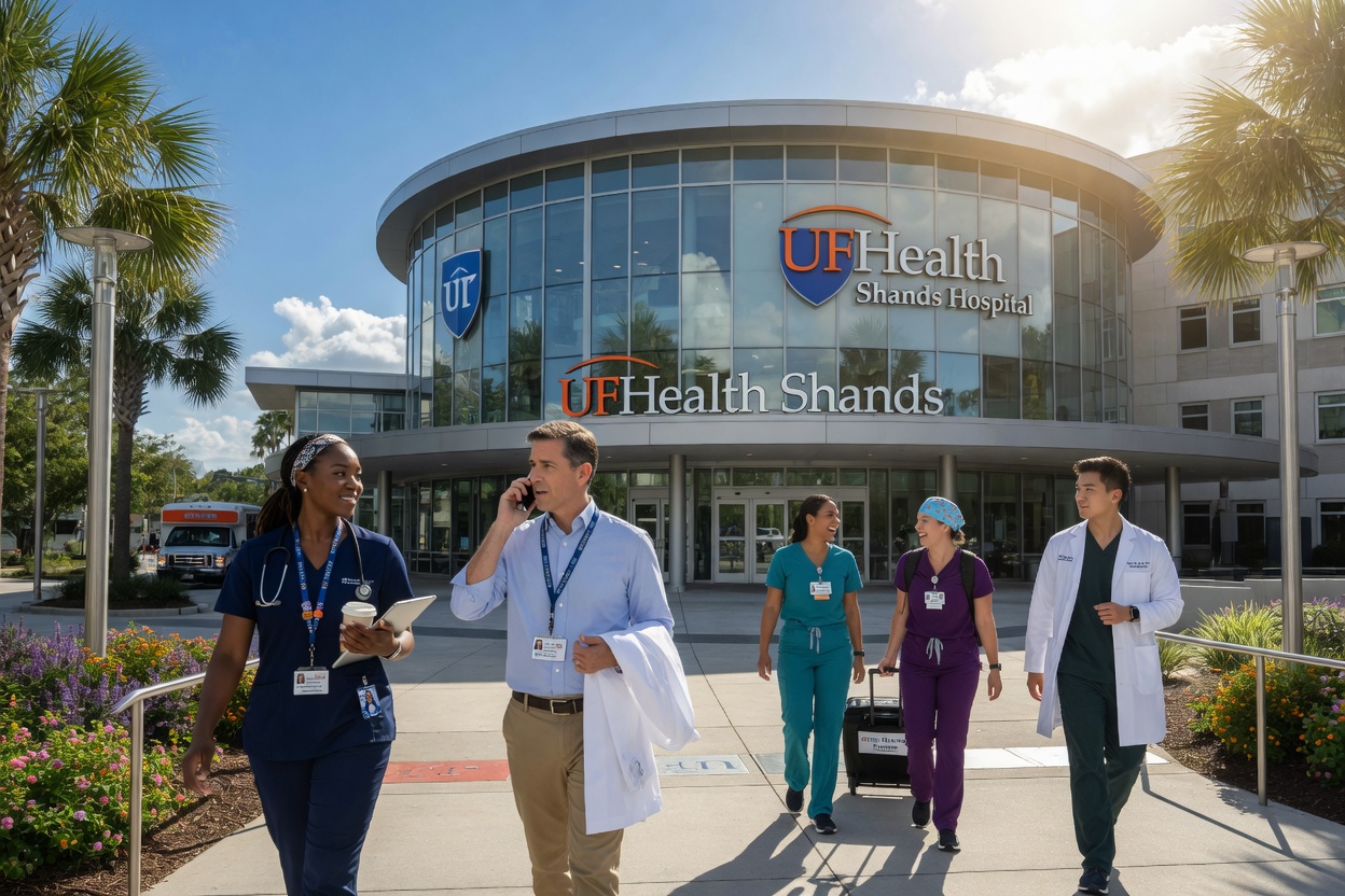 Ultra-realistic 8K photograph of medical professionals walking near UF Health Shands Hospital in Gainesville, modern medical architecture, people in business casual and scrubs, sunny day