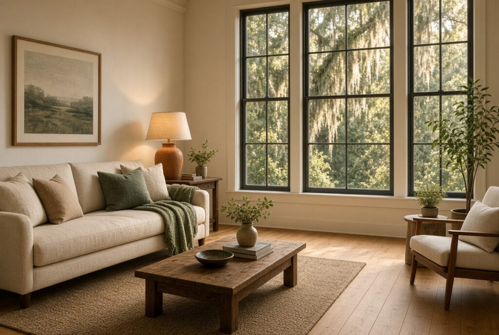 A Gainesville short-term rental living room, guest-ready