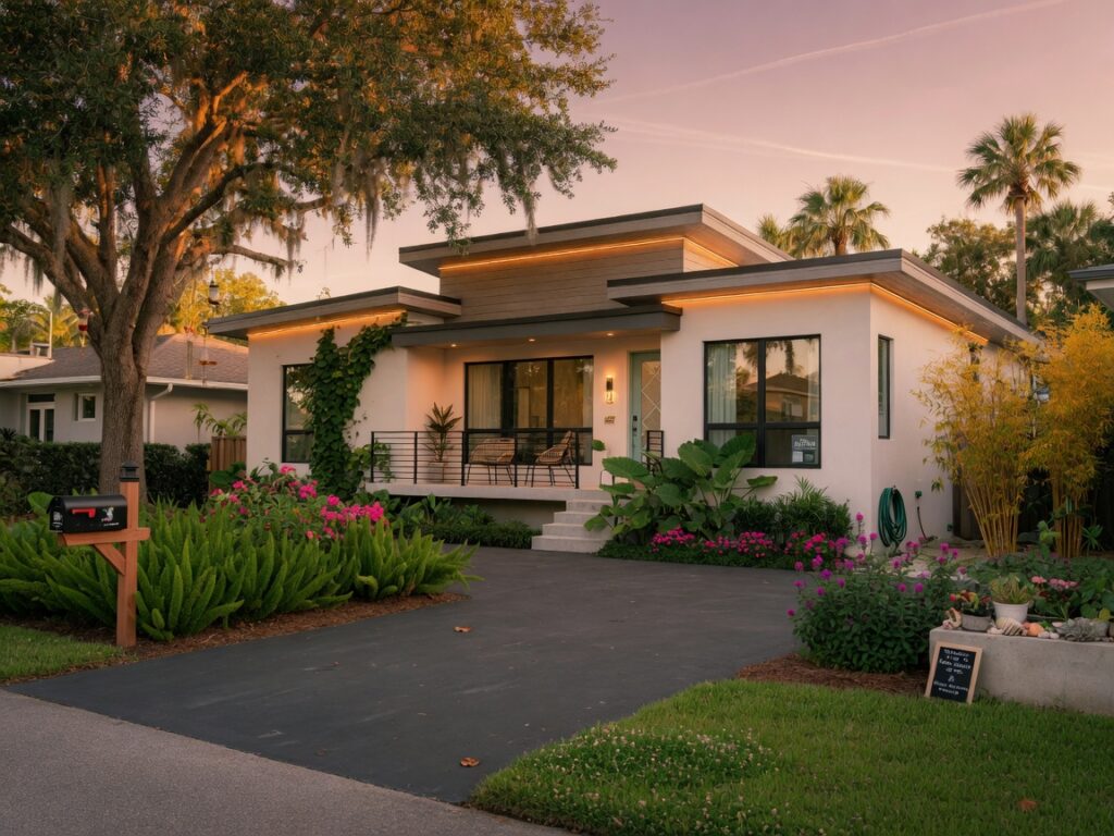 Ultra-realistic 8K photograph of a beautiful modern Airbnb home in Gainesville Florida during a quiet summer evening with golden hour lighting, lush landscaping, and empty driveway suggesting low season, cinematic composition, highly detailed