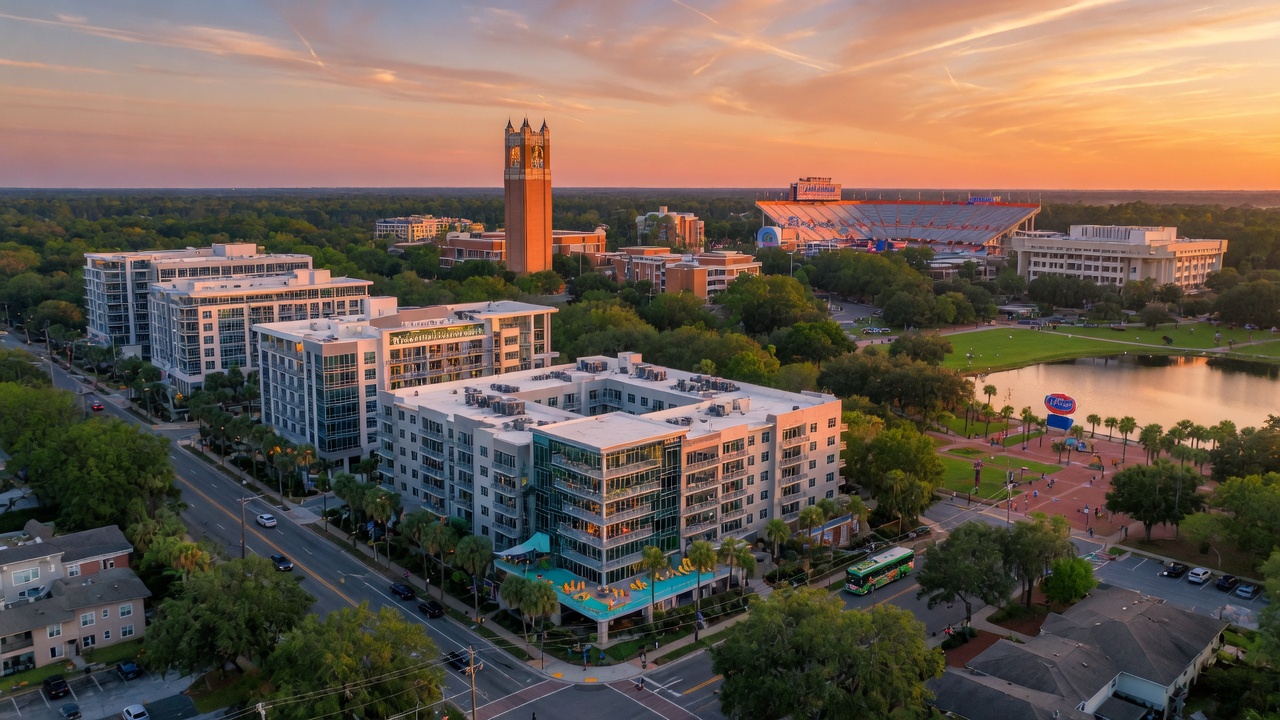 Ultra-realistic 8K aerial photograph of Gainesville Florida skyline at golden hour with University of Florida campus visible in background, modern apartment buildings and lush greenery, cinematic lighting, sharp detail