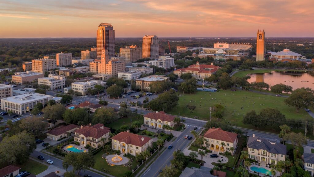 Ultra-realistic 8K aerial photograph of downtown Gainesville Florida skyline at golden hour with University of Florida campus visible in background, luxury homes in foreground, warm lighting, cinematic composition
