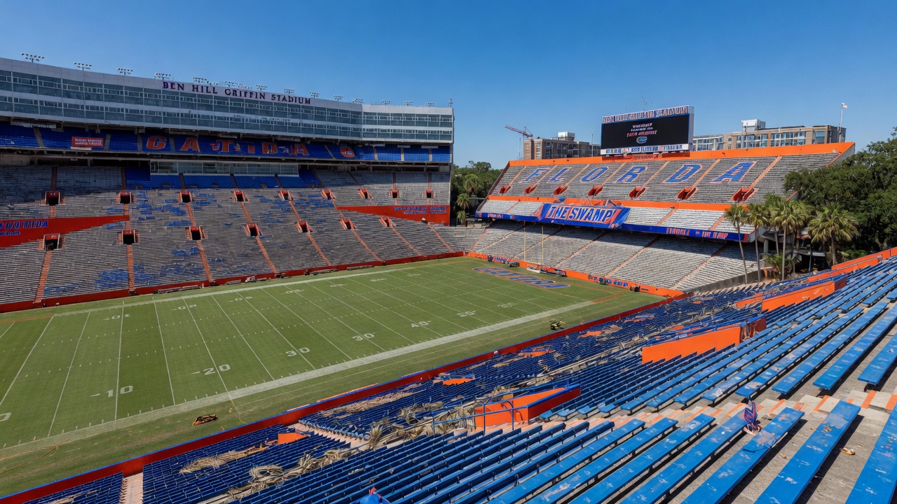 Ultra-realistic 8K image of Ben Hill Griffin Stadium in Gainesville on a non-game day during summer with empty seats and bright blue sky, contrasting with typical game day crowds