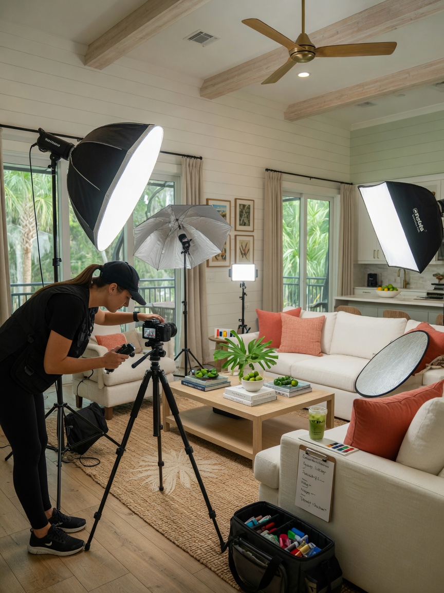 Professional real estate photography session in progress inside upscale Gainesville vacation rental, photographer adjusting lights, 8K detail