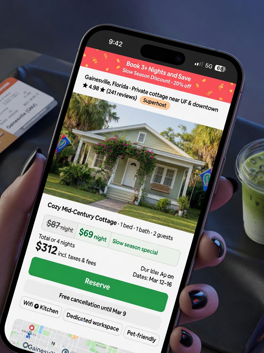 Ultra-realistic 8K close-up of a smartphone displaying an Airbnb listing for a Gainesville property with slow season discount banner reading 'Book 3+ Nights and Save', high detail interface