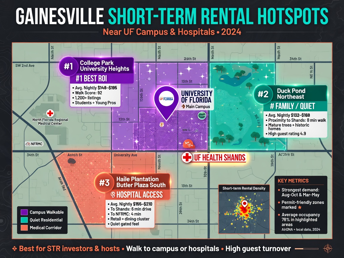 Interactive map of Gainesville Florida highlighting best short-term rental neighborhoods near UF campus and hospitals, clean infographic style, 8K