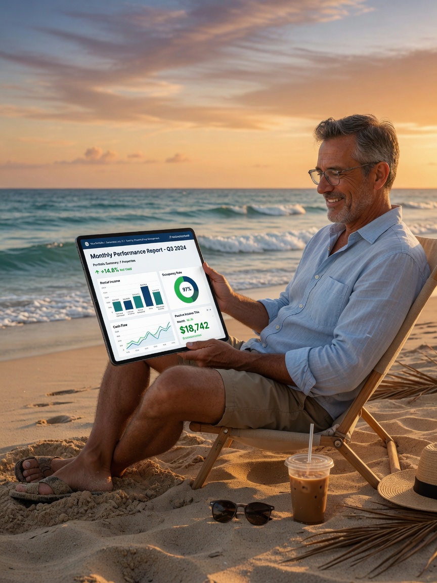 Hyper-realistic 8K image of property owner receiving monthly performance report on tablet while sitting on beach, relaxed expression, passive income concept