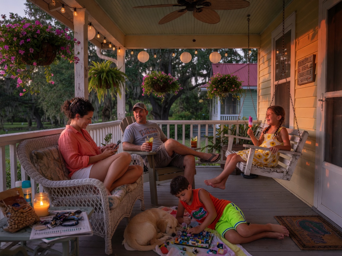 Ultra-realistic 8K photograph of a family of four relaxing on a covered porch of a Gainesville vacation rental during summer, casual summer clothing, warm evening light, lifestyle scene