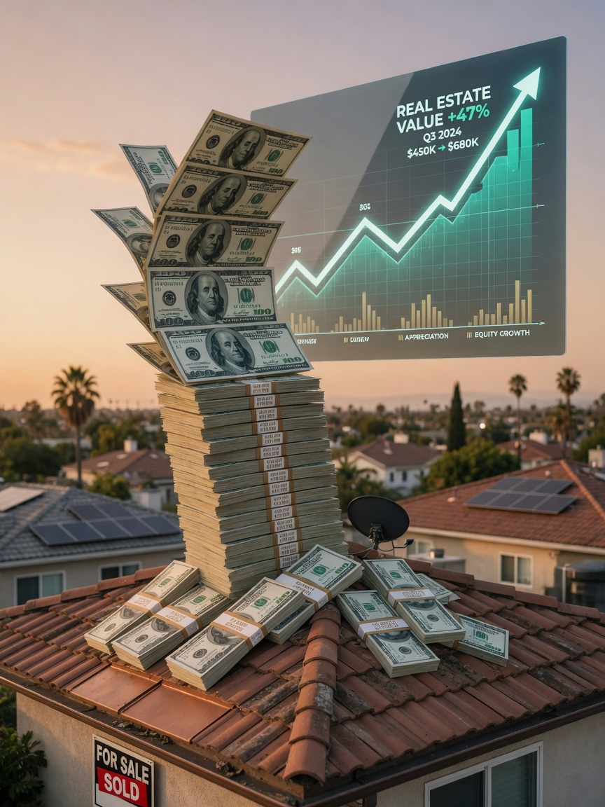 Stack of hundred dollar bills growing from property roof with upward trending graph overlay, symbolic wealth from real estate, photorealistic 8K