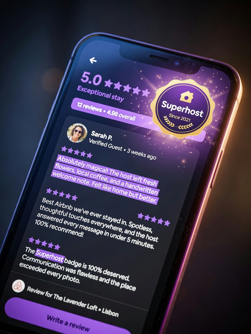 Ultra-realistic 8K close-up of five-star Airbnb review screen on smartphone with glowing positive comments and Superhost badge visible