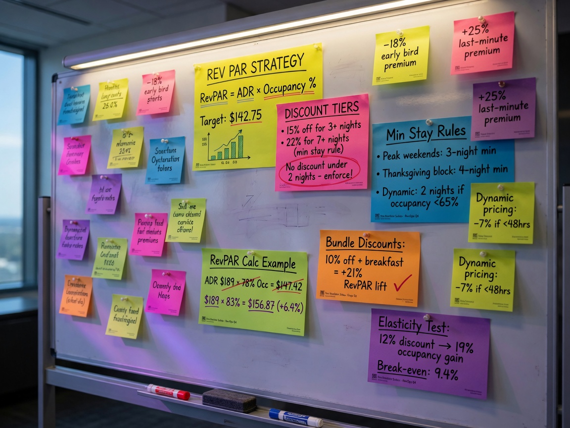 Ultra-realistic 8K image of colorful sticky notes with pricing strategy formulas arranged on a whiteboard, including discount percentages, minimum stay rules, and RevPAR calculations, professional setting