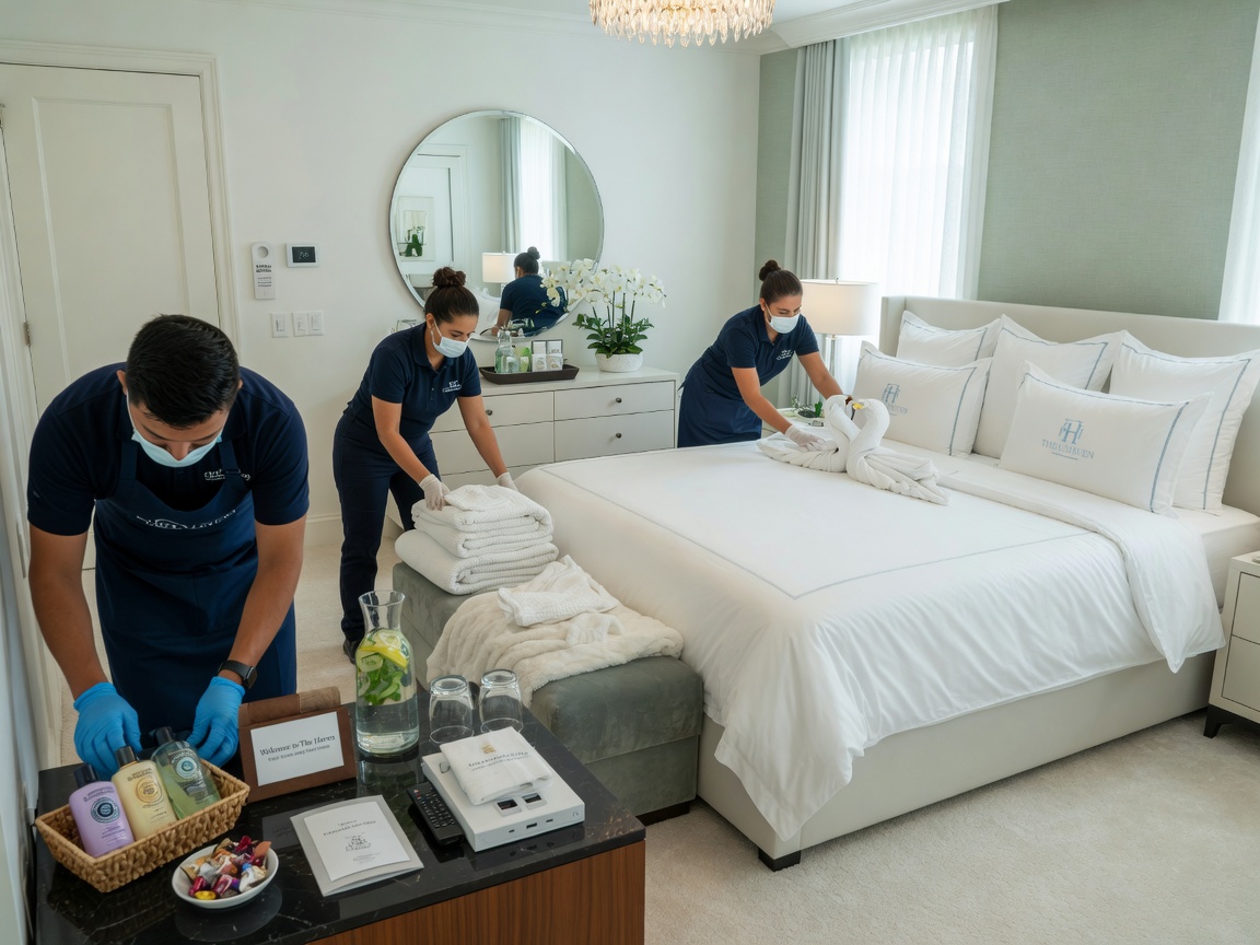 Team of cleaning professionals preparing luxury short-term rental bedroom with fresh linens and amenities, bright and clean 8K photography