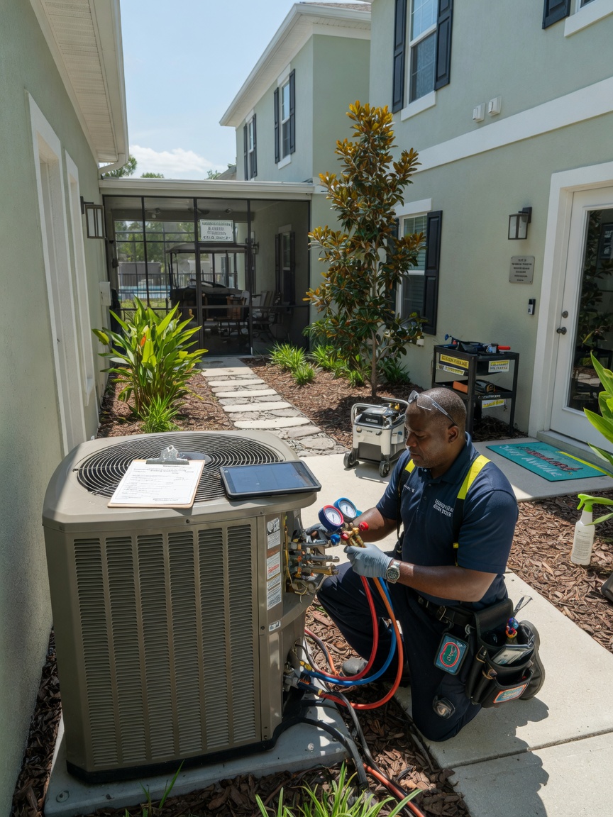 Professional 8K photograph of maintenance technician repairing air conditioning unit at upscale Gainesville short-term rental property, bright daylight