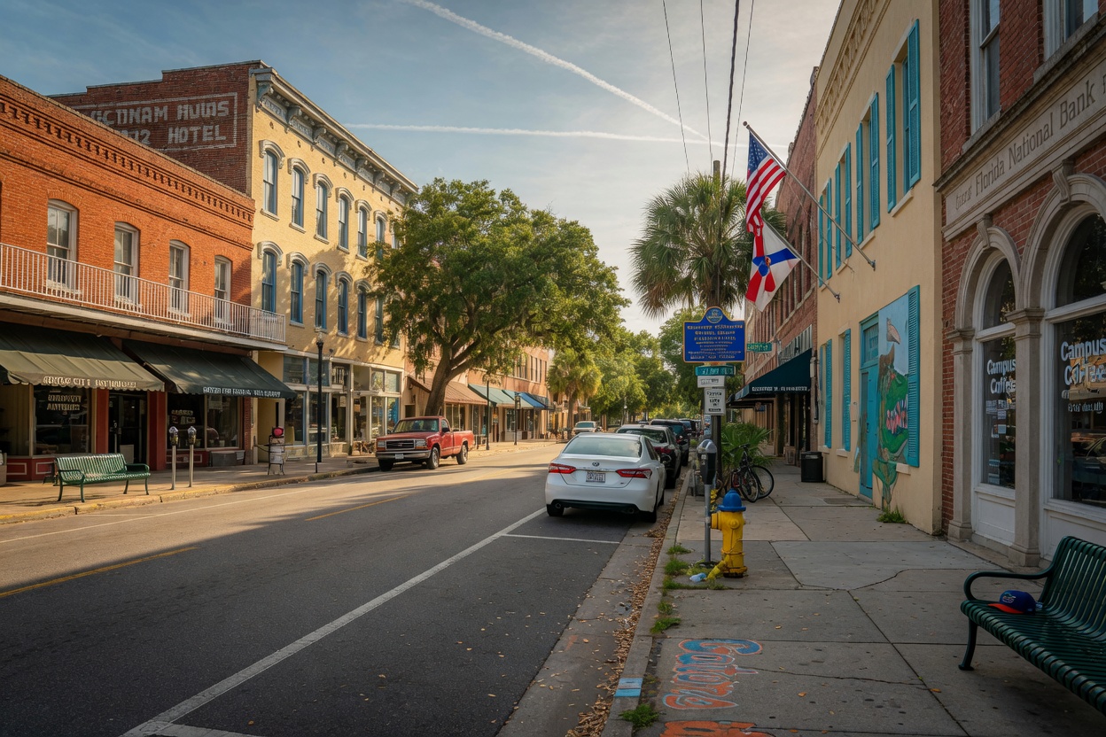 Ultra-realistic 8K photograph of a quiet downtown Gainesville street during summer break with light traffic and beautiful historic buildings, warm sunlight, street photography style