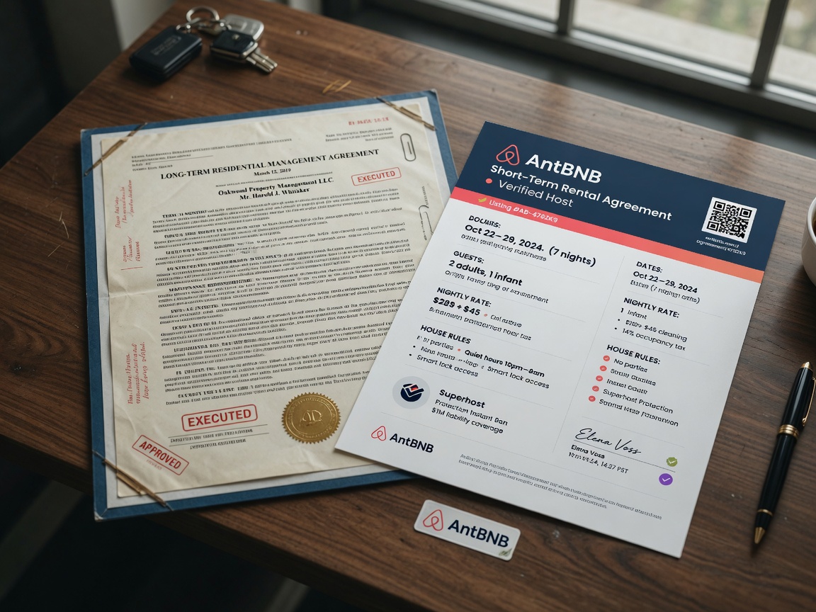 Traditional long-term rental management contract documents versus modern AntBNB short-term rental agreement on wooden desk, 8K ultra-realistic