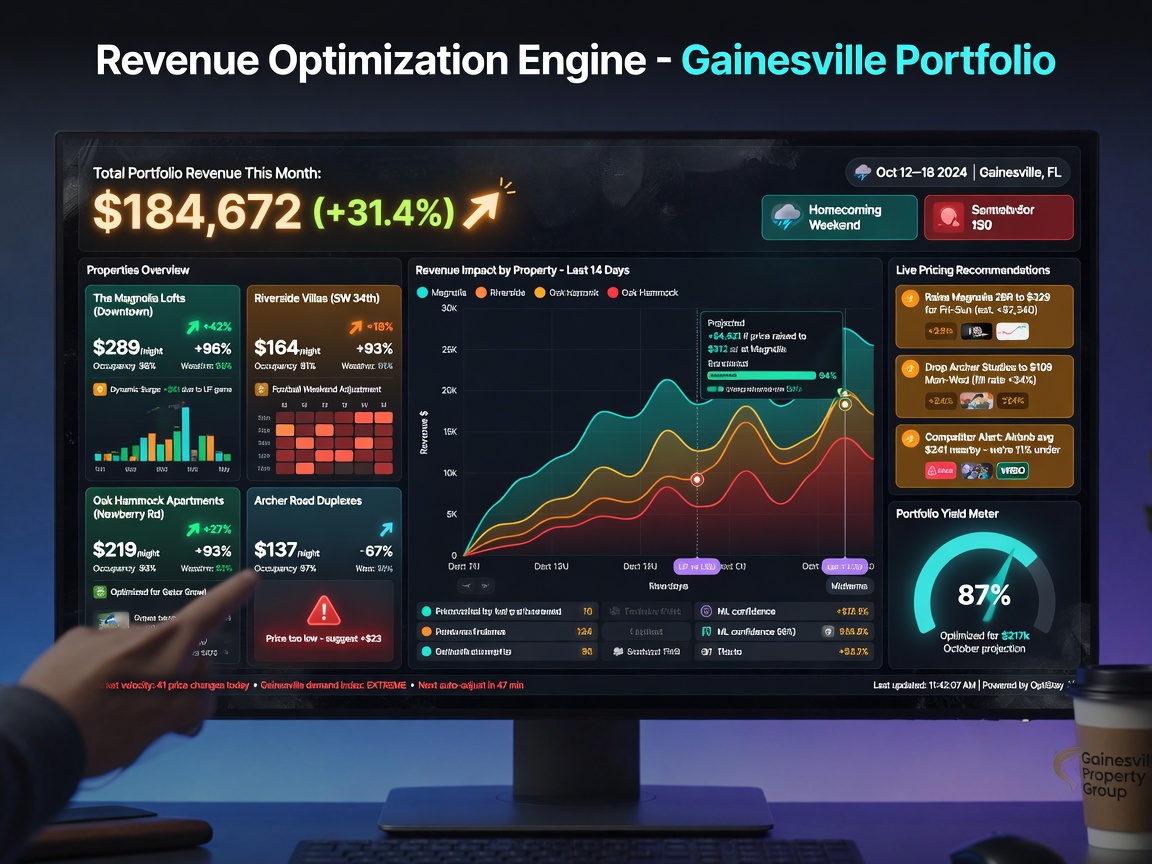 Cinematic ultra-realistic 8K image of dynamic pricing dashboard on large monitor showing revenue optimization for multiple Gainesville properties
