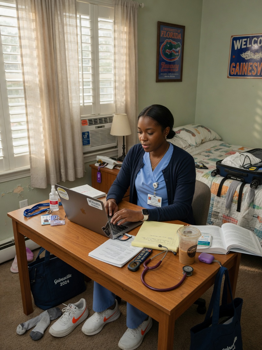 Ultra-realistic 8K image of a medical professional staying in a Gainesville Airbnb near UF Health, working at a desk with stethoscope nearby, natural lighting, authentic lifestyle