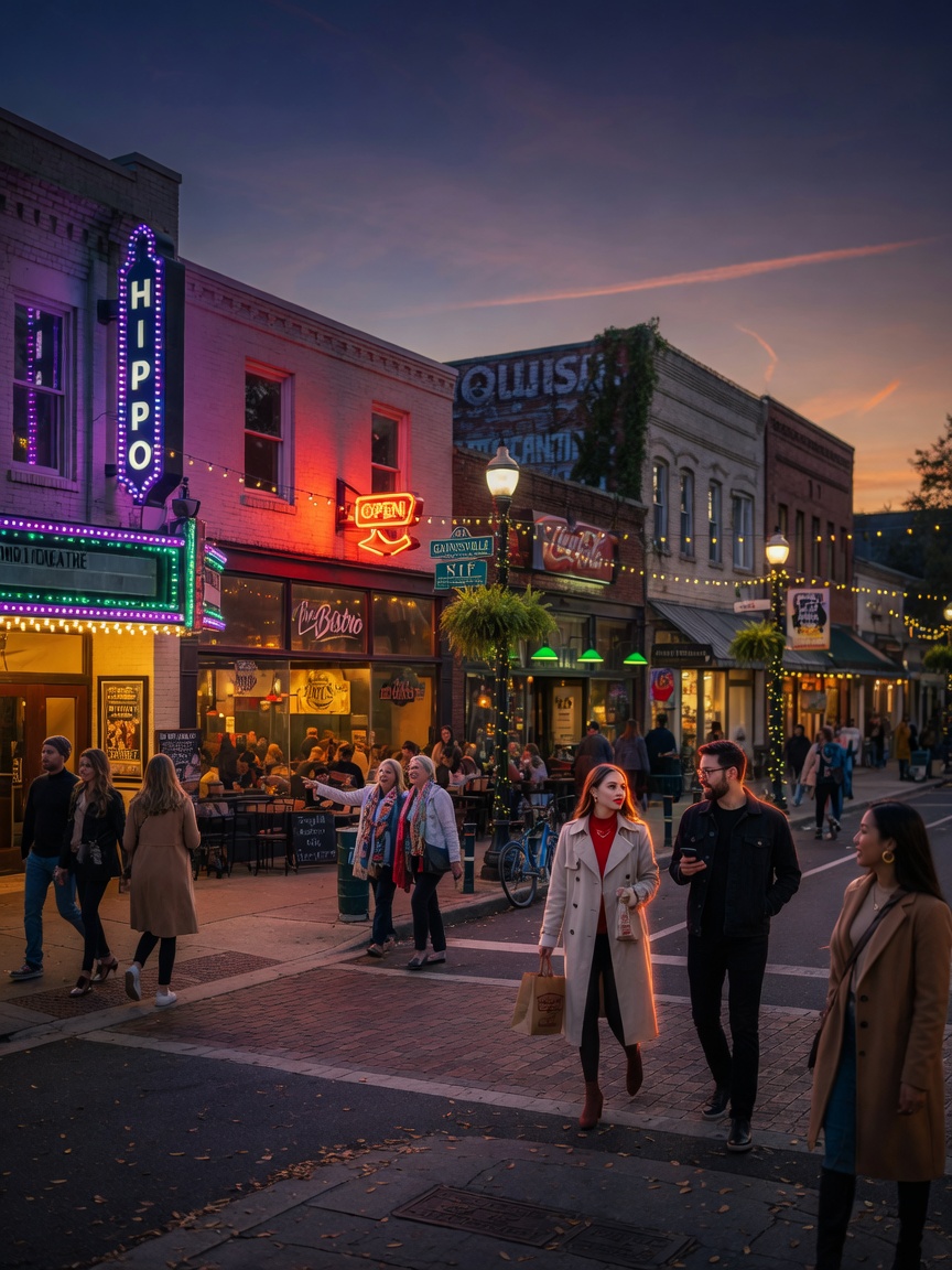 Gainesville Florida historic downtown district at dusk with glowing restaurant lights and pedestrians, atmospheric ultra-realistic 8K image
