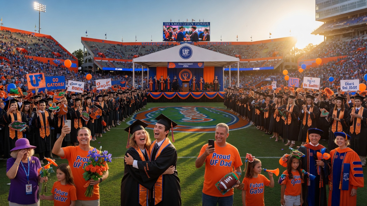 8K hyper-realistic photo of University of Florida graduation ceremony at outdoor stadium, happy families, caps and gowns, celebratory atmosphere