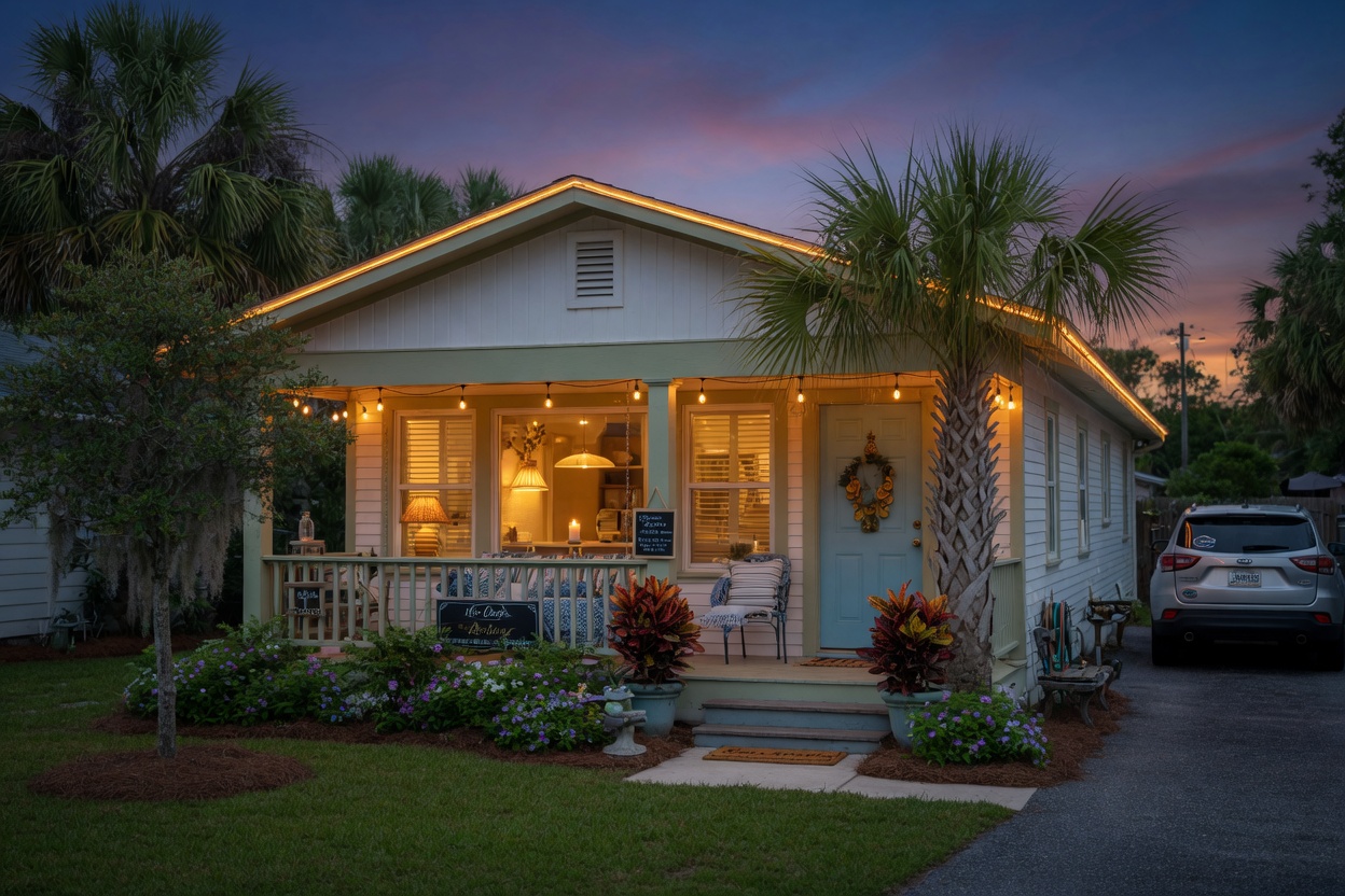 Ultra-realistic 8K cinematic shot of a beautiful Gainesville short-term rental property exterior at twilight during low season, perfectly landscaped, warm interior lights glowing, inviting atmosphere