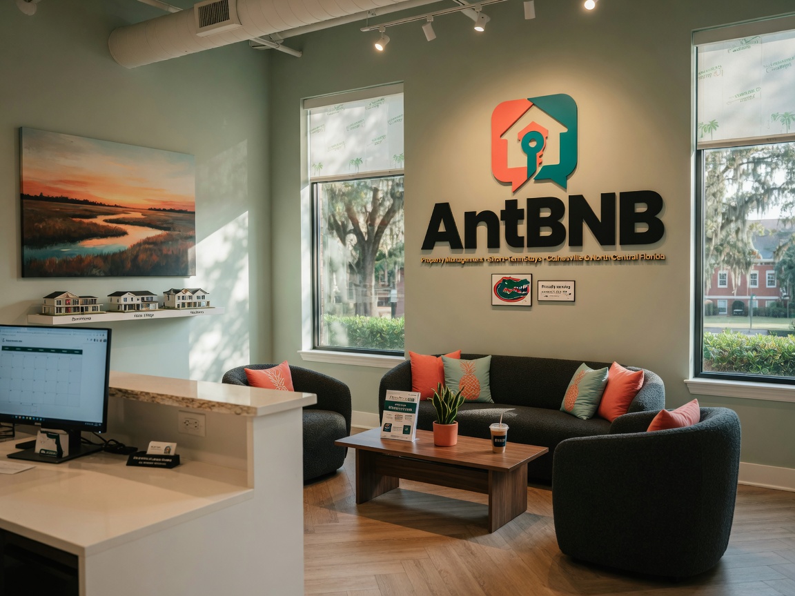 Modern property management company office interior in Gainesville with large AntBNB logo on wall and comfortable client seating area, 8K resolution
