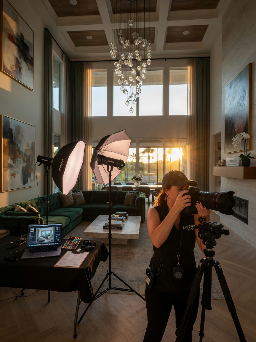 Ultra-detailed 8K image of professional real estate photography session at luxury Gainesville home, photographer using high-end camera equipment
