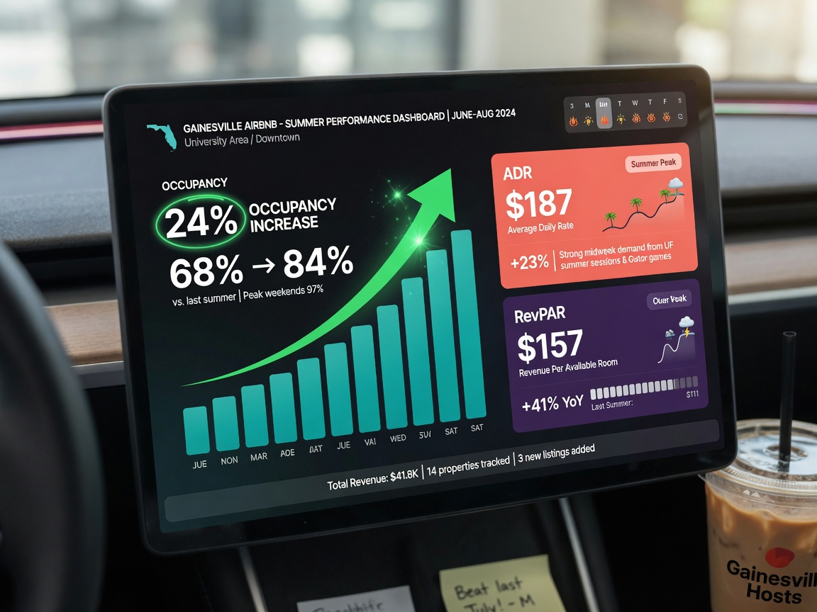 Ultra-realistic 8K photograph of a dashboard with key performance metrics showing 24% occupancy increase, ADR, and RevPAR for Gainesville Airbnb during summer, professional data visualization