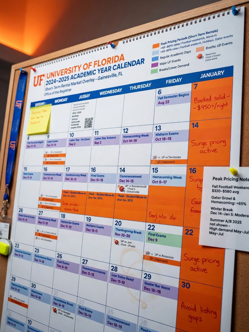 Calendar showing University of Florida academic year events and peak pricing periods for short-term rentals, detailed and realistic 8K