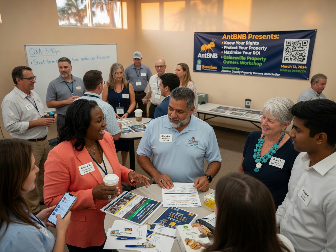 Warm 8K ultra-realistic photograph of diverse group of Gainesville property owners networking at AntBNB educational workshop event