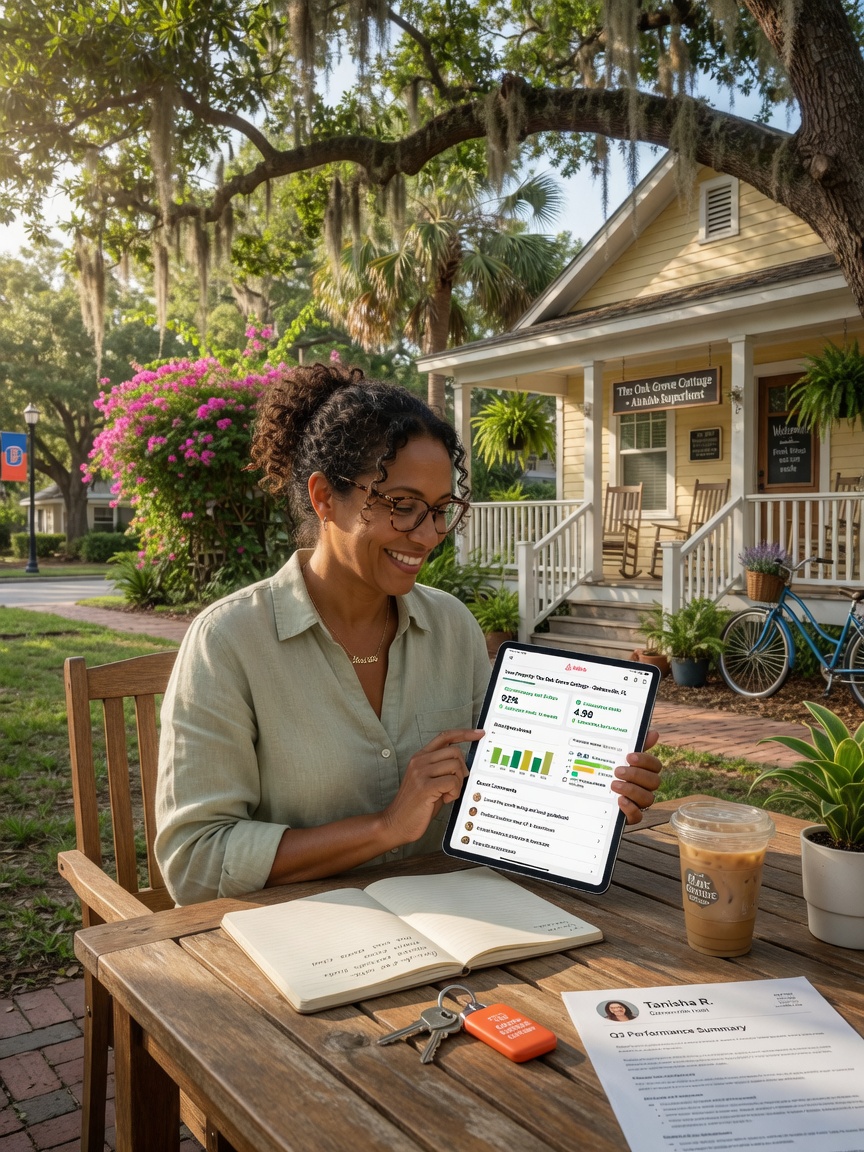 Ultra-realistic 8K image of a successful Gainesville Airbnb host reviewing performance reports on tablet while sitting at outdoor table near their rental property, satisfied expression, natural environment