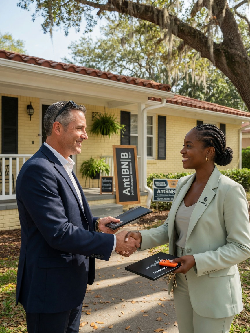 Satisfied real estate investor shaking hands with AntBNB property manager in front of Gainesville rental property, genuine expression, natural sunlight, ultra-realistic 8K