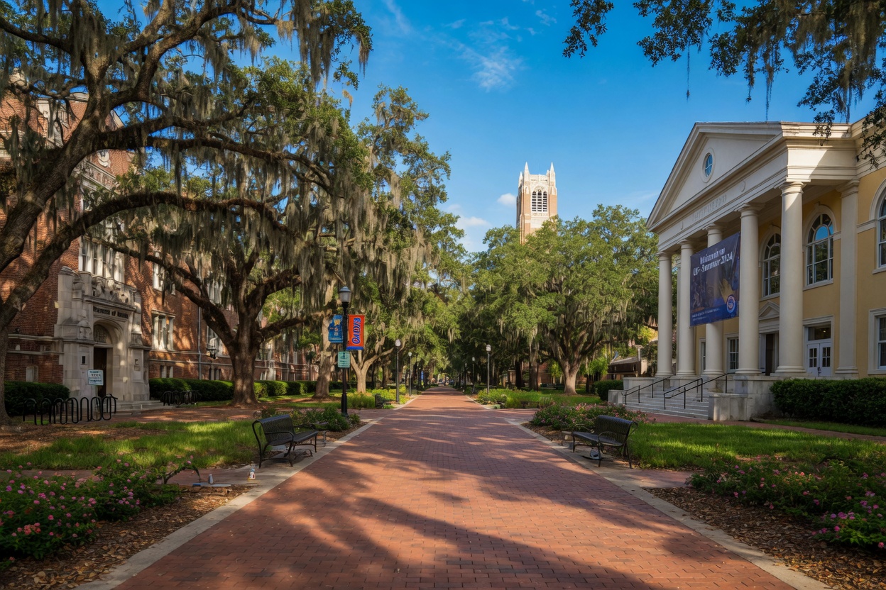 Ultra-realistic 8K image of University of Florida campus during summer break with empty walkways, majestic oak trees, and bright blue sky, peaceful atmosphere, architectural photography style