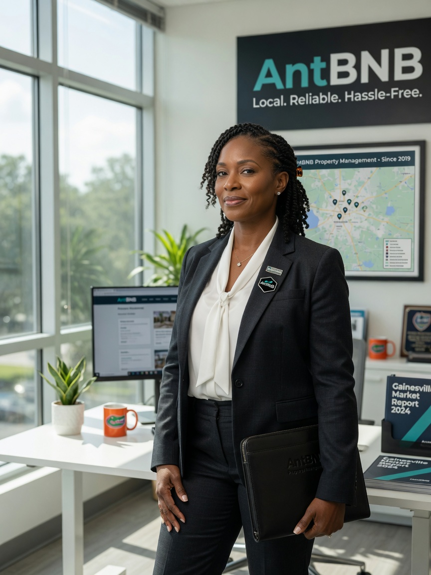 Professional business portrait of confident property management executive standing in modern Gainesville office with AntBNB branding, natural window light, shallow depth of field, 8K resolution