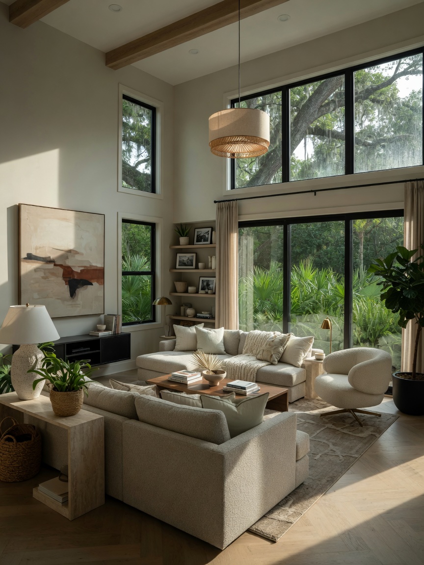 Professional 8K image of modern Gainesville Florida Airbnb interior living room with tasteful neutral decor, large windows showing lush greenery outside, natural light, high-end furniture, ultra detailed