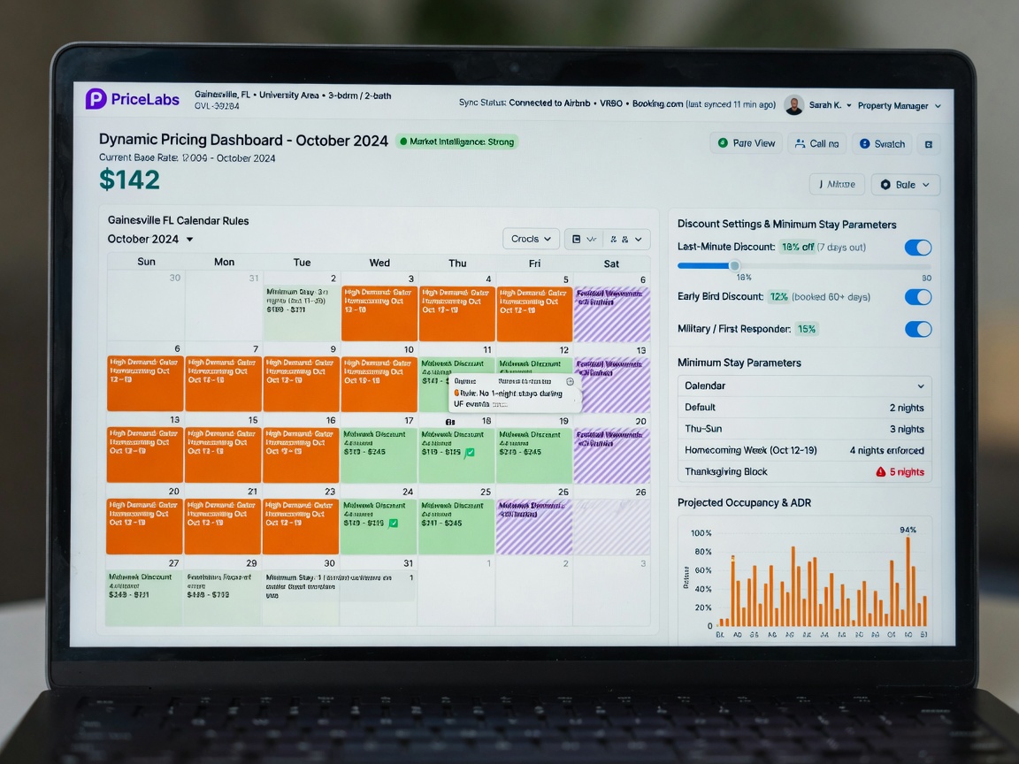 Ultra-realistic 8K close-up of a laptop screen displaying PriceLabs dynamic pricing dashboard with Gainesville FL calendar rules, discount settings, and minimum stay parameters clearly visible, professional business photography