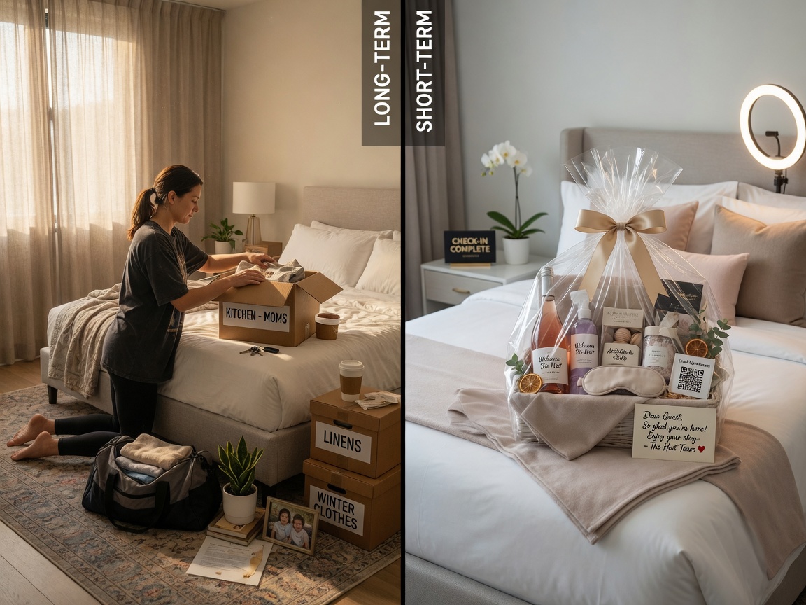 Split-screen comparison showing long-term tenant moving in versus short-term rental guest welcome basket on luxury bed, side-by-side ultra-realistic 8K image