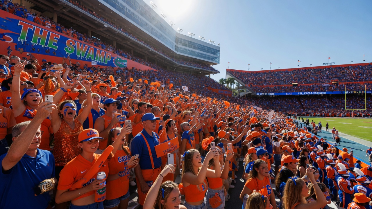 Ultra-realistic 8K photo of University of Florida football game day crowd at Ben Hill Griffin Stadium, vibrant energy, sunny Florida day, packed stands with orange and blue colors