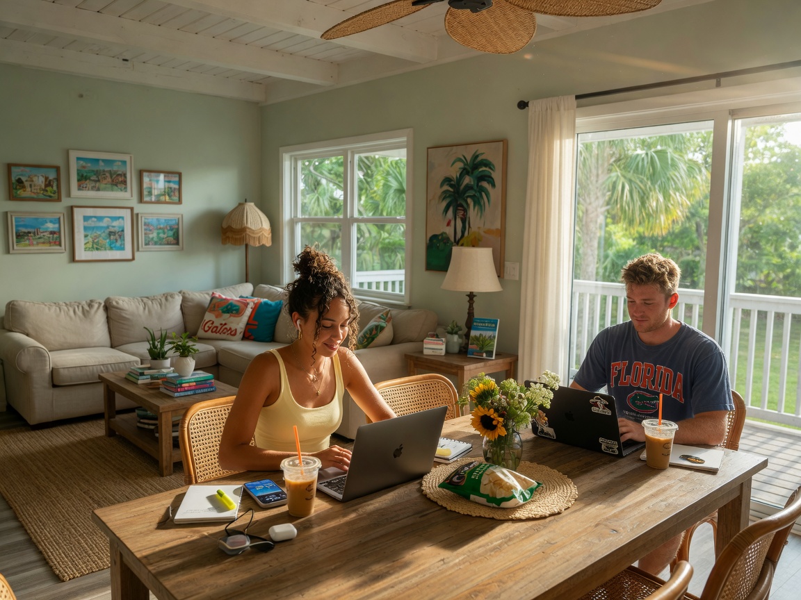 Ultra-realistic 8K photograph of an attractive young couple enjoying a spacious living room in a Gainesville Airbnb during summer, working on laptops at a dining table, natural light, lifestyle photography