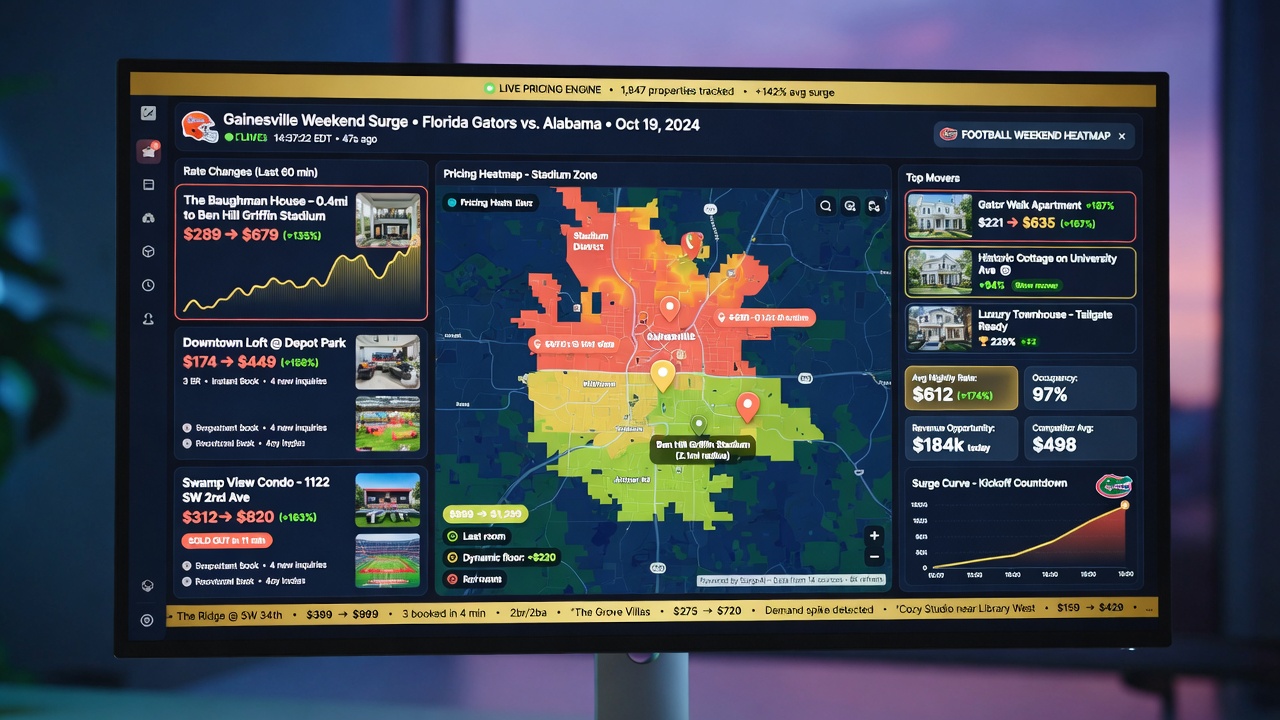 Dynamic pricing dashboard on large monitor displaying real-time rate changes for Gainesville properties during football weekend, clean modern interface, 8K detail