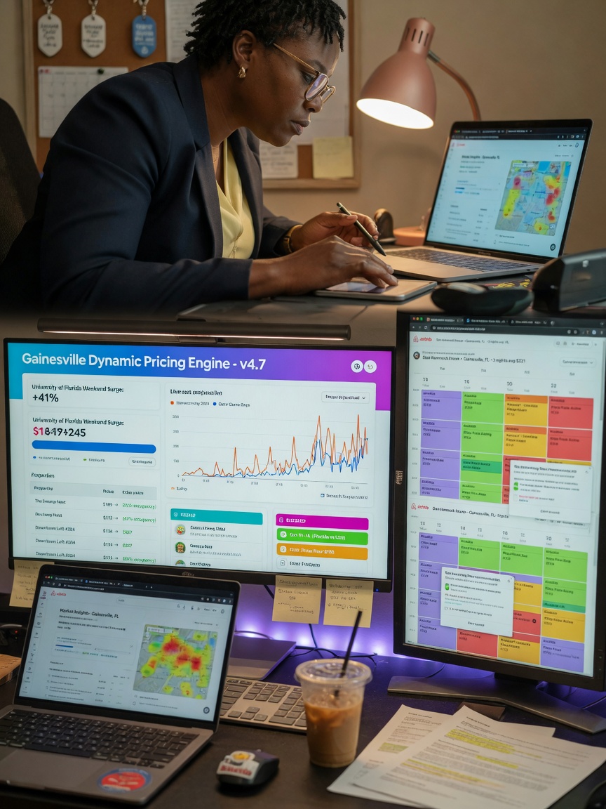 Close-up 8K image of professional property manager using laptop and multiple monitors showing dynamic pricing software and booking calendars for Airbnb properties in Gainesville
