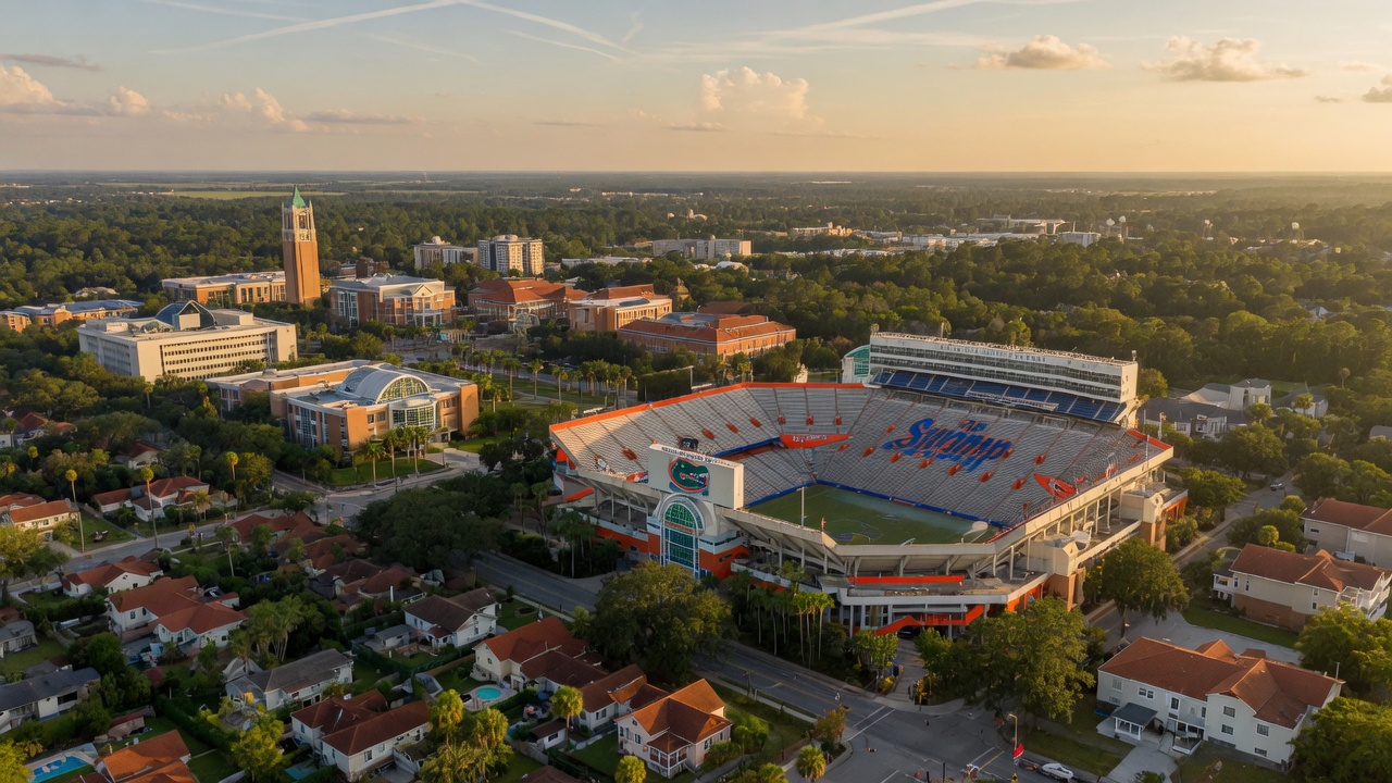 Ultra-realistic 8K aerial view of Gainesville Florida skyline during summer showing Ben Hill Griffin Stadium, campus buildings, and surrounding residential neighborhoods, golden sunlight, cinematic drone shot