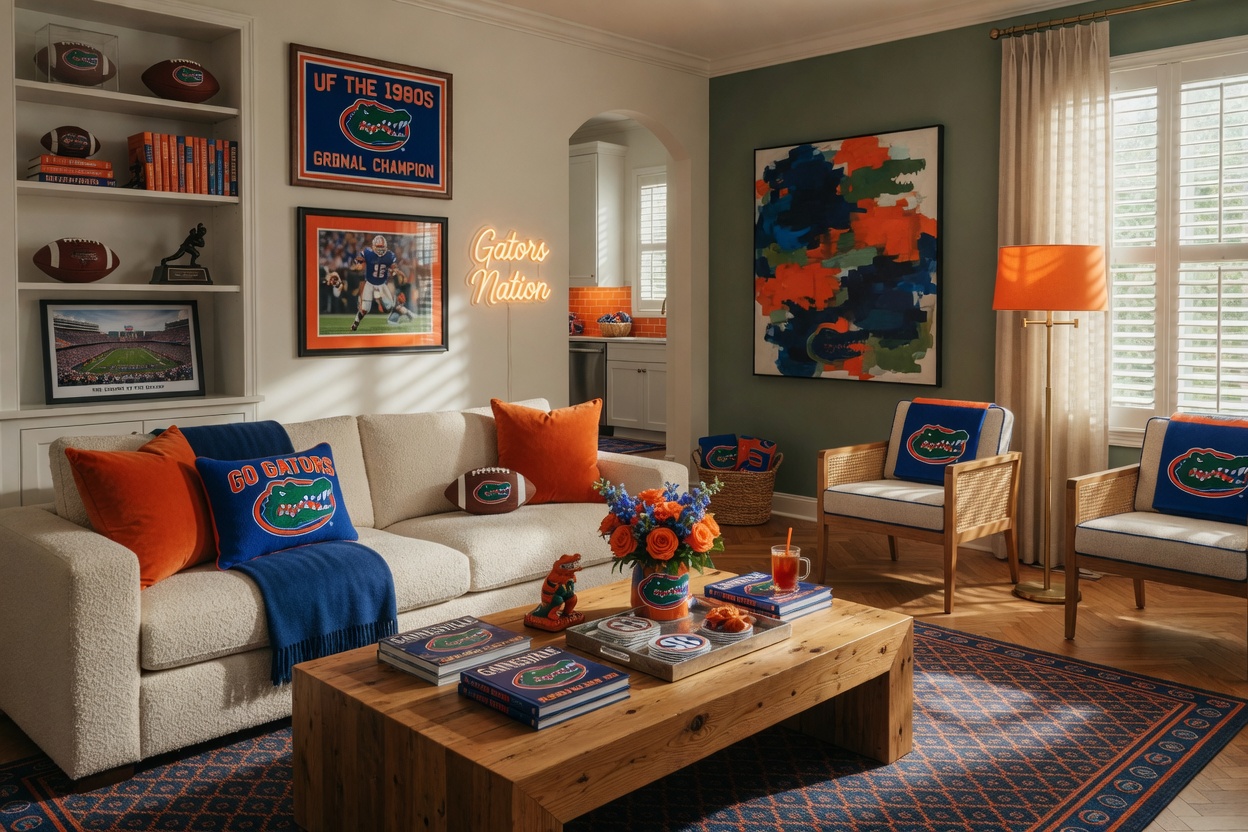 Luxurious professionally furnished short-term rental living room in Gainesville home with UF Gators decor, natural light, ultra-realistic 8K photography