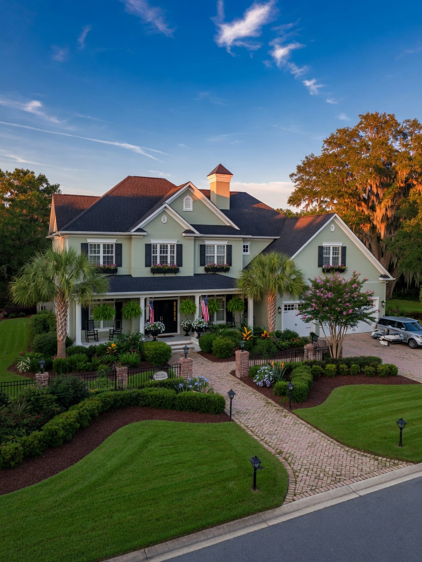 Ultra-realistic 8K exterior photograph of beautiful two-story family home in Haile Plantation Gainesville Florida with professional landscaping, blue sky, luxury curb appeal
