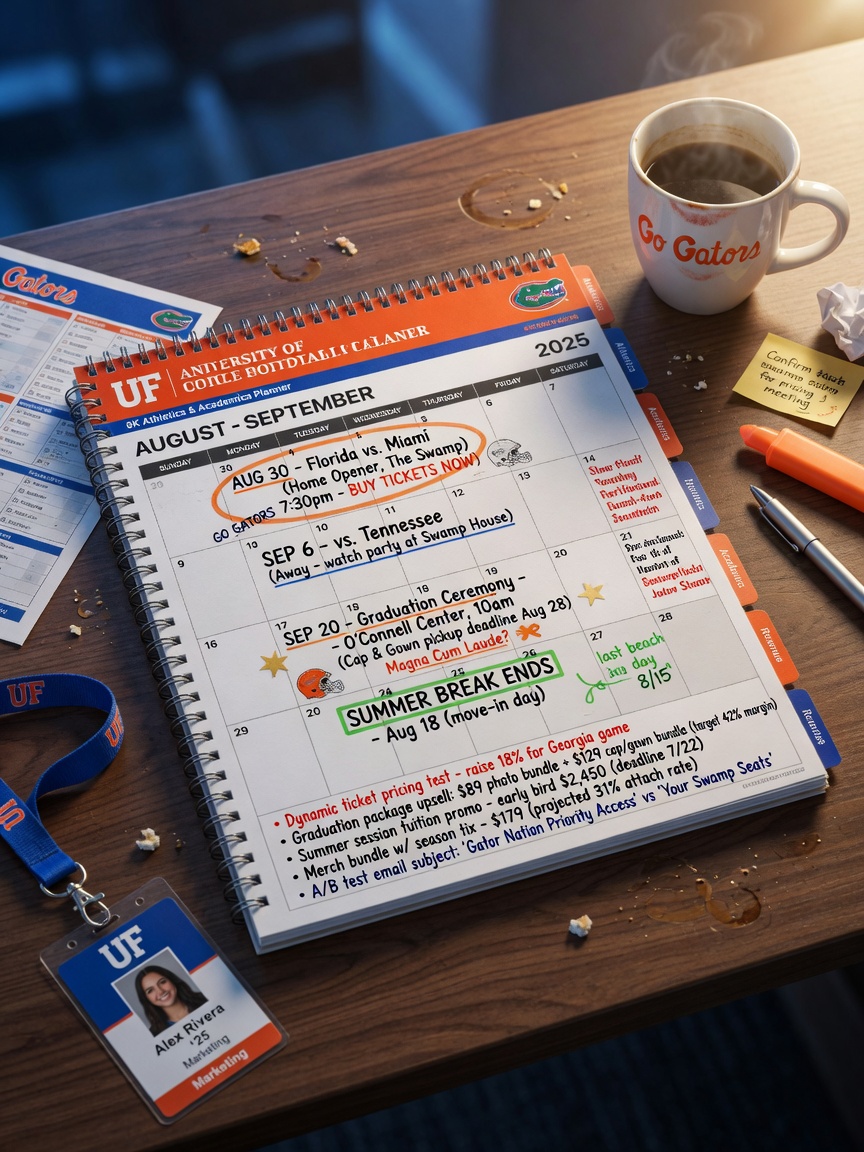 Ultra-realistic 8K image of a professional calendar marked with University of Florida football dates, graduation, summer break, and pricing strategy notes, shot on wooden desk with coffee cup, organized planning aesthetic