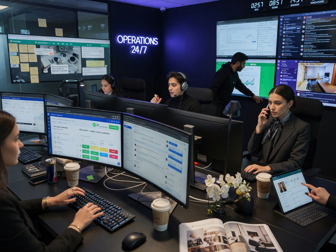Busy 24/7 guest operations command center with multiple screens showing booking platforms and team members responding to inquiries, modern office environment, 8K