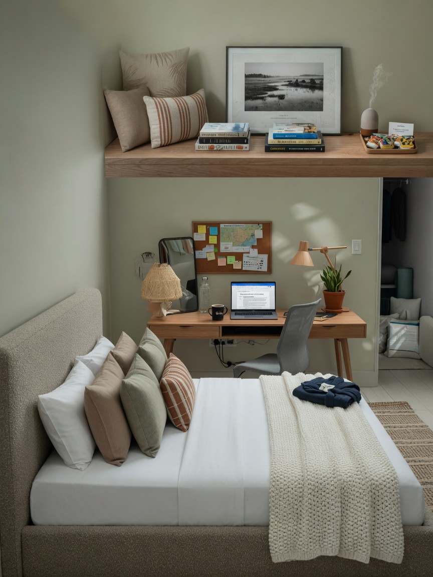 Ultra-realistic 8K photograph of a comfortable modern bedroom in a Gainesville short-term rental optimized for extended stays, featuring workspace, natural light, and neutral decor, inviting atmosphere