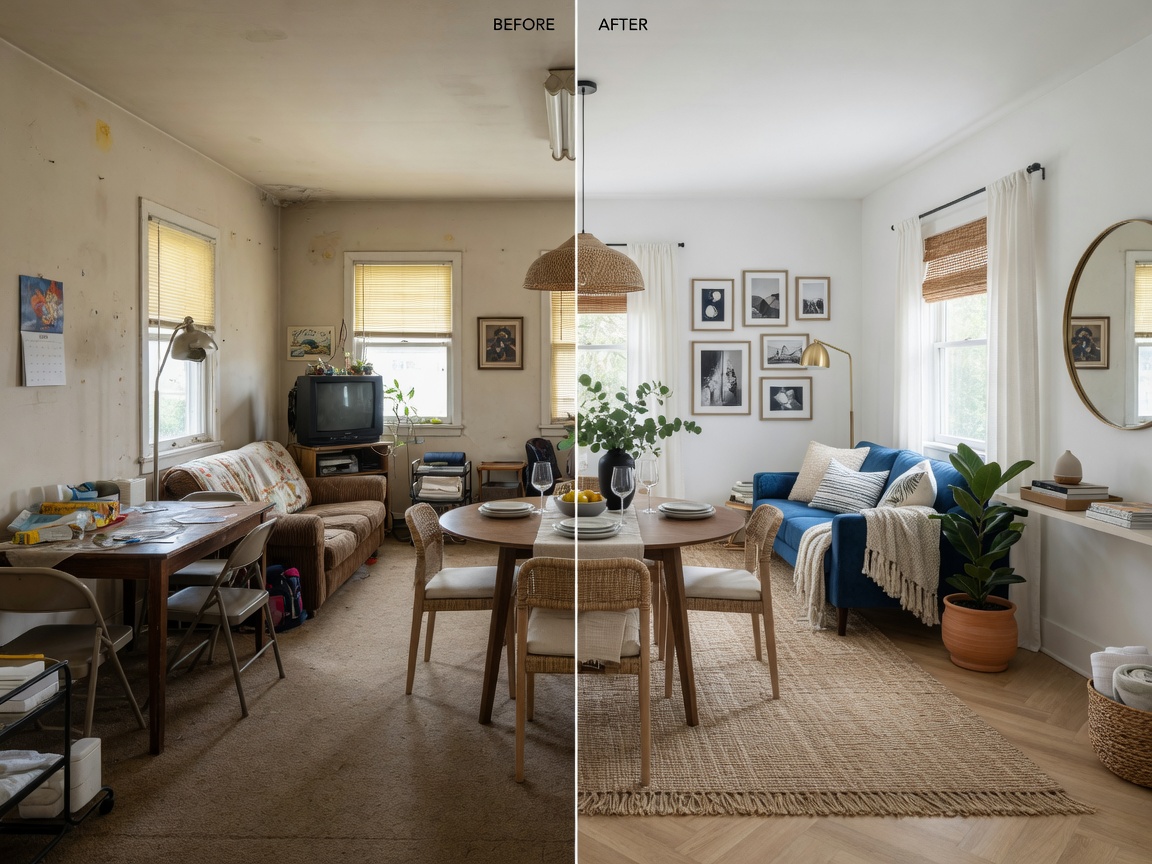 Before and after split image of property transformation from basic long-term rental to professionally staged short-term rental, ultra-realistic 8K