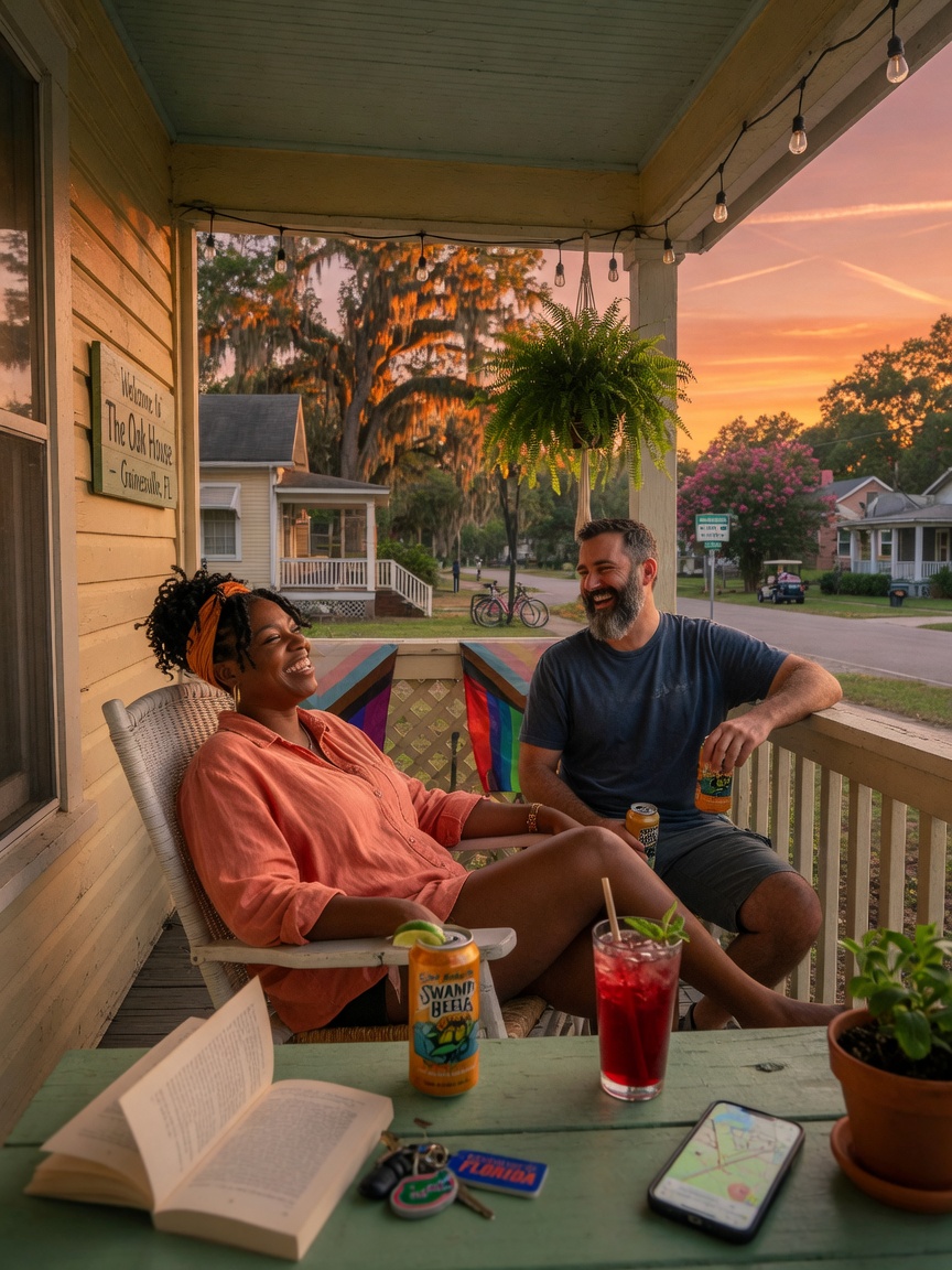 Ultra-detailed 8K photograph of happy couple guests relaxing on porch of Gainesville Airbnb at sunset with cold drinks, peaceful neighborhood setting